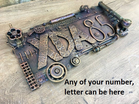 Steampunk plaque, steampunk plate, steampunk sign, house number plaque, house number sign, lettering, house numbers, metal numbers, sign