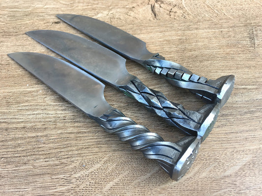 A set of 3 railroad spike knives, railroad spike knife, iron gifts,  industrial art, steampunk, iron anniversary gift, iron gift for him