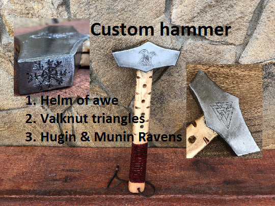 Custom hammer, hammer, valknut triangles, helm of awe, hugin munin ravens, Thors hammer, mjolnir, mens gifts, mens gift, iron anniversary