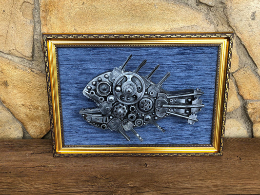 Industrial painting, steampunk painting, steampunk fish, steampunk poster, metalic ornament, gears, wall decor,steampunk room decor,junk art