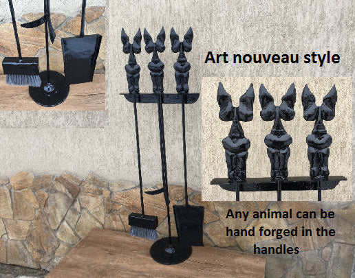 Fireplace tools, fireplace accessories, fireplace tool set, fire place, art nouveau, log tongs, fireplace set, fireplace screen, fireplace