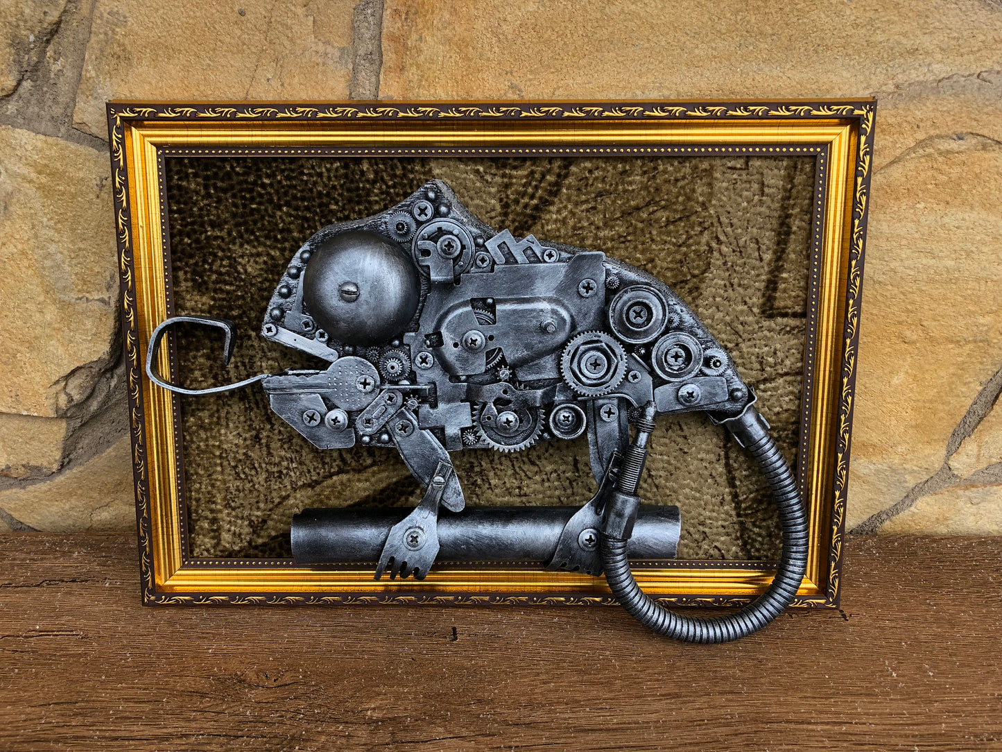 Steampunk painting, steampunk chameleon, steampunk poster, metalic ornament, gears, wall decor, steampunk room decor, junk art,steampunk art