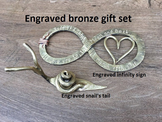 Bronze anniversary gift, 19th anniversary, bronze infinity sign, bronze snail, infinity sign, snail,bronze gift for wife,bronze gift for her