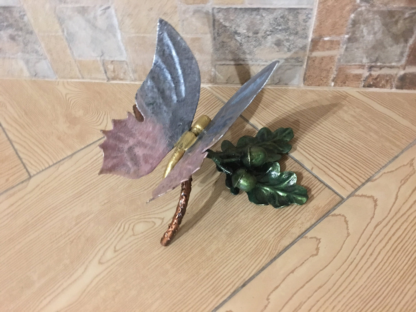 Metal butterfly on an oak branch, hand forged butterfly, metal acorn, metal oak leaf, butterfly figurine, butterfly art, butterfly gifts