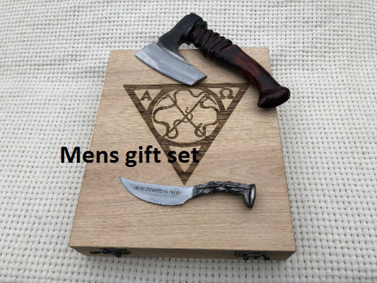 Mens gift box, railroad spike knife, axe, viking axe, mens gift set,mens gift birthday,iron anniversary,6 year anniversary,steel anniversary