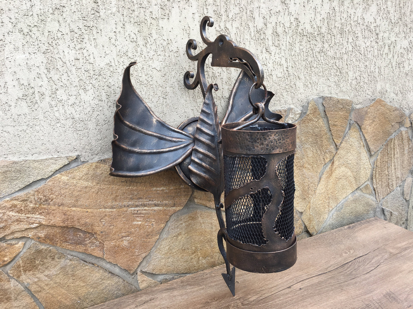 Wall sconce, wall lamp, hand forged lamp, hand forged lantern, garden lamp, porch lamp, candelabra, lighting, sconce, light fixture, dragon