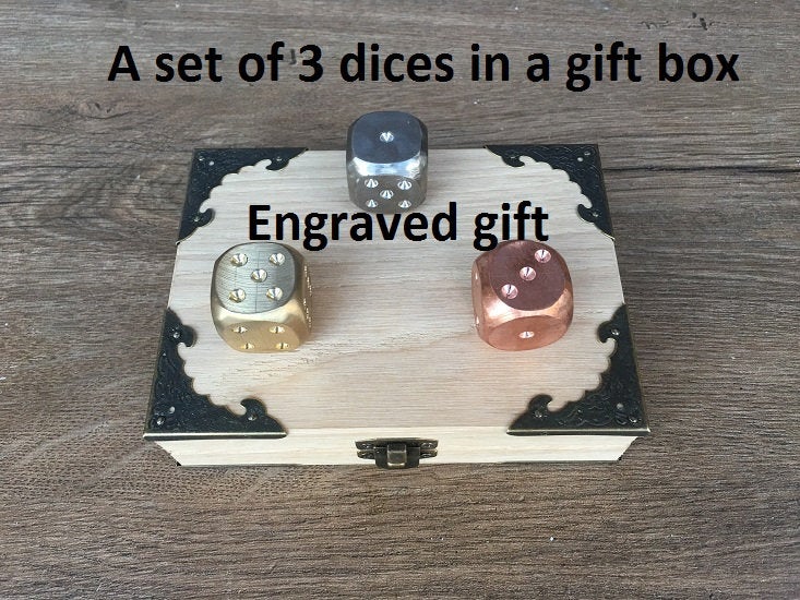 Dice set, dice gift box, dice gifts, bronze dice, copper dice, steel dice, dice box, birthday gift, Christmas gift, board game, dice game