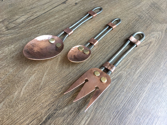 Copper flatware, copper cutlery, antique copper, midcentury flatware set, mid century kitchen, fork, cutlery, medieval fork, copper spoon