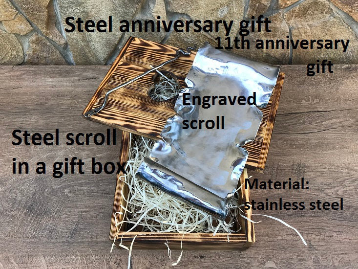 Engraved steel scroll, 11th anniversary, steel anniversary, steel gift, steel scroll, eleventh anniversary, steel scroll, stainless steel