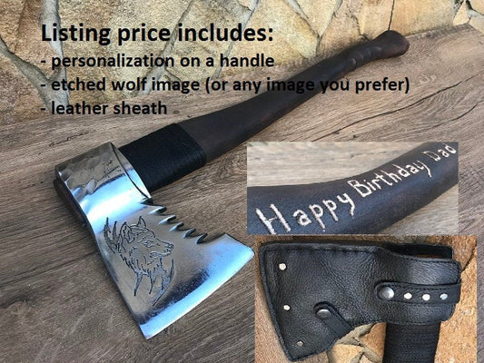 Personalized axe, leather sheath, viking axe, wolf, mens tools, handyman gifts, wolf decor, tools, gifts for men, gifts for dad,etched image