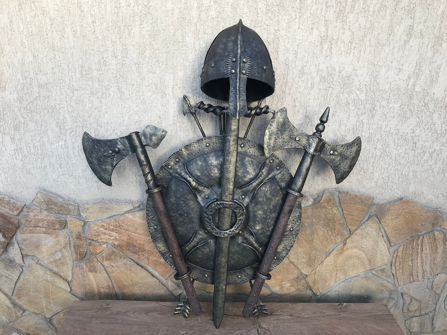 Viking helm, helm, medieval helm, battle helm, knight helm, warrior helm, helmet, Middle Ages helm, crusader helm, reenactor, bassinet, axe