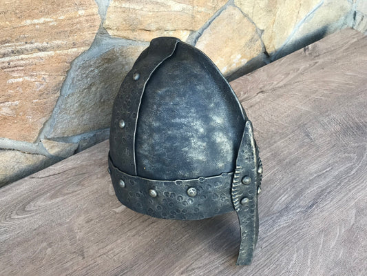 Viking helm, helm, medieval helm, battle helm, knight helm, warrior helm, helmet, Middle Ages helm, crusader helm, reenactor, bassinet, axe