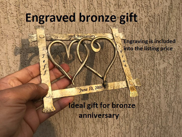 Bronze gift, bronze hearts, bronze frame, framed heart, frame with hearts, bronze gift for wife, 8th anniversary gift, bronze anniversary