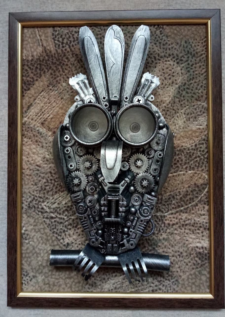 Industrial painting, steampunk painting, steampunk owl, metal owl, junk owl, owl painting, gears, wall steampunk, room decor, junk decor,owl