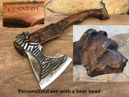 Personalized axe, axe gift, mens birthday gift, mens gift, viking axe, gifts for men, manly iron gifts, bear head, bear decor, carved bear