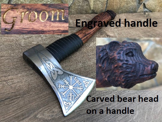 Wedding axe, viking axe, mens gifts, vegvisir, carved bear, groom gift, viking compass, wedding gift, groomsman gift, best man gift, axe