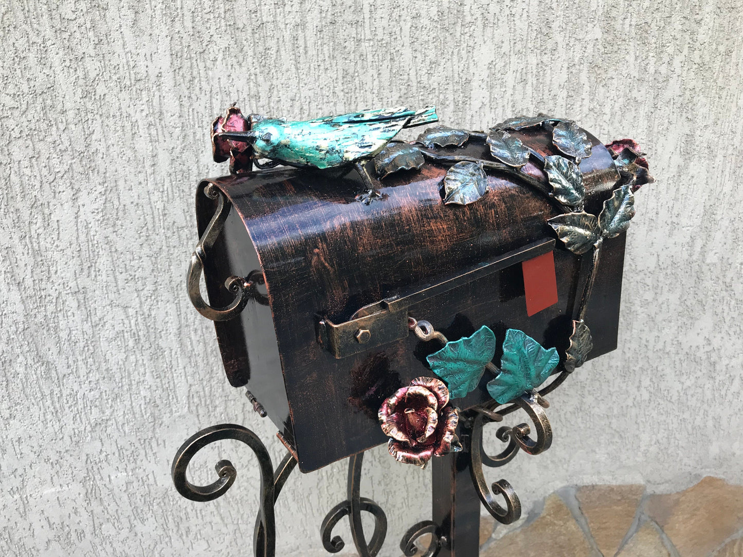 Mail box, mailbox, viking axe, floral decor, iron rose, iron bird, ivy, fairy, wedding mailbox, mail box post, fairy garden, dragonfly, axe