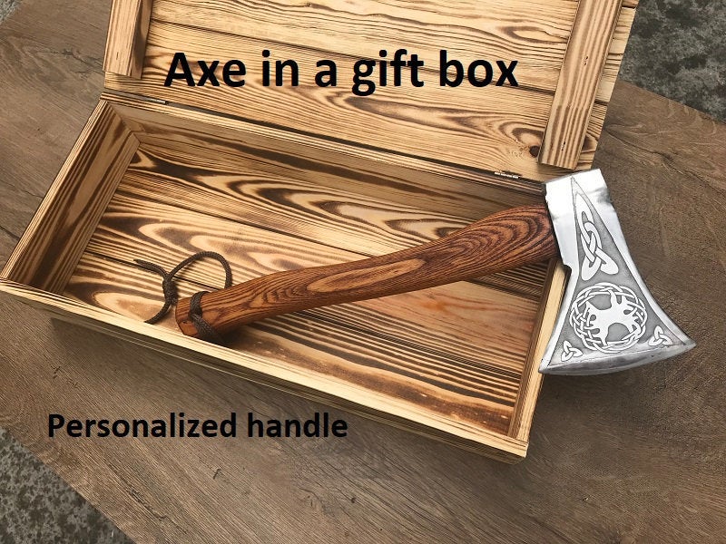 Mens gift, tree of life, viking axe, gift box, celtic, hatchet, wooden gift, handyman tool, groomsman gift, tree of life decor, viking gift