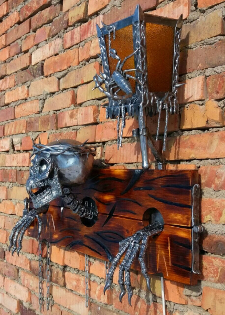 Wall sconce, skeleton lamp, horror light, sconce, skeleton lantern, skeleton, castle, wall lantern, horror decor, Halloween decor,viking axe