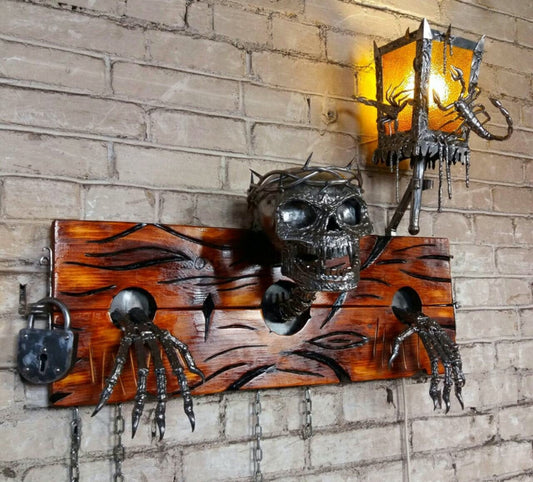 Wall sconce, skeleton lamp, horror light, sconce, skeleton lantern, skeleton, castle, wall lantern, horror decor, Halloween decor,viking axe