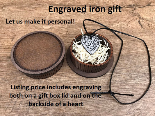 Engraved iron gift, 6th anniversary gift, iron anniversary, iron heart, iron necklace, iron gift, gift box, iron pendant, iron jewelry, love