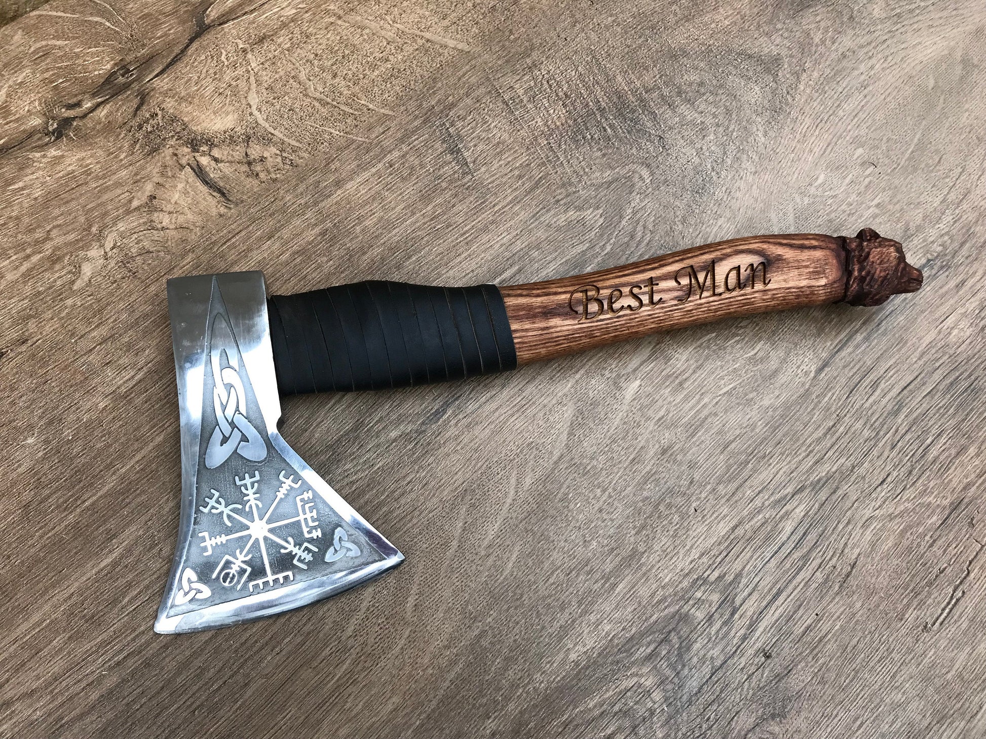 Wedding axe, viking axe, mens gifts, vegvisir, carved wolf, groom gift, viking compass, wedding gift, groomsman gift, best man gift, axe