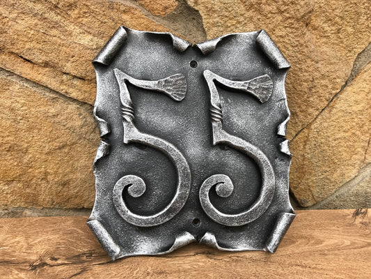 Outside plaque, outside house numbers, outside house signs, outside house decor, house number plaque, house number sign, metal plaque, axe