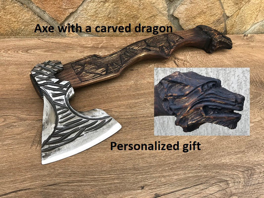 Axe, dragon, viking axe, dragon decor, manly gifts, dragon gift, medieval axe, carved dragon, gift for men, dragon art,viking knife,axe gift