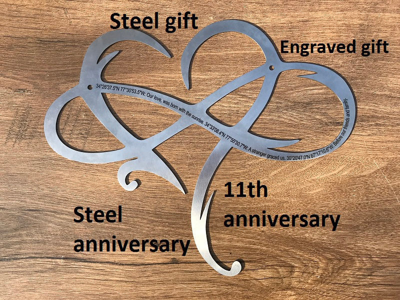 Steel gift, 11 year anniversary, 11th anniversary, engraved steel gift, infinity sign,steel anniversary gift,steel heart,steel infinity sign