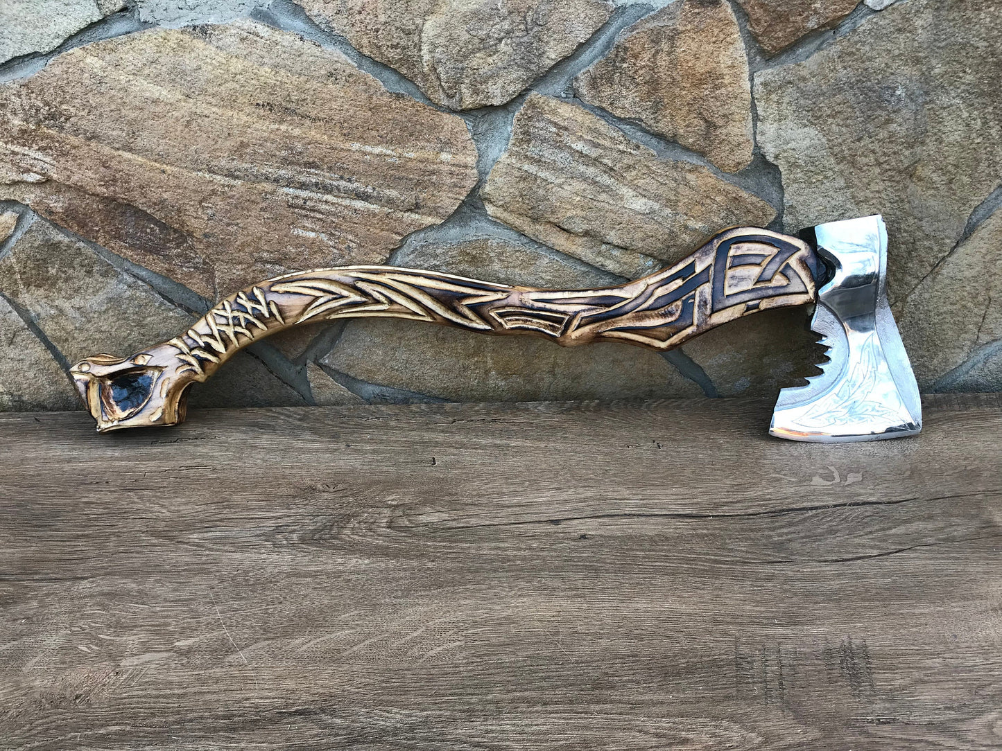 Dragon axe, dragon gift, dad axe, viking axe, hatchet, axe, wooden dragon, carved dragon, runic axe, pagan symbol, mens gifts,groomsmen gift