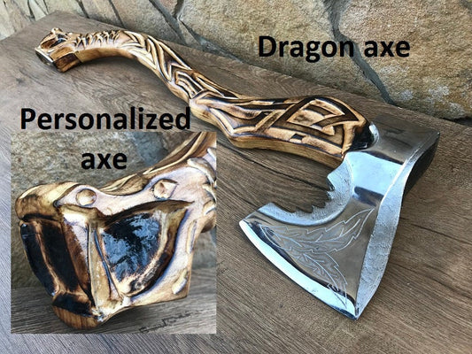 Dragon axe, dragon gift, dad axe, viking axe, hatchet, axe, wooden dragon, carved dragon, runic axe, pagan symbol, mens gifts,groomsmen gift