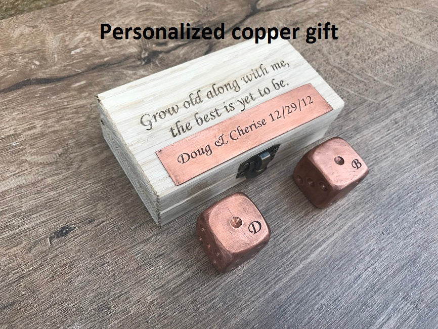 Copper anniversary gift, 7th anniversary, engraved copper gift, copper gifts, copper dices, dice, engraved dice box, engraved dices, copper