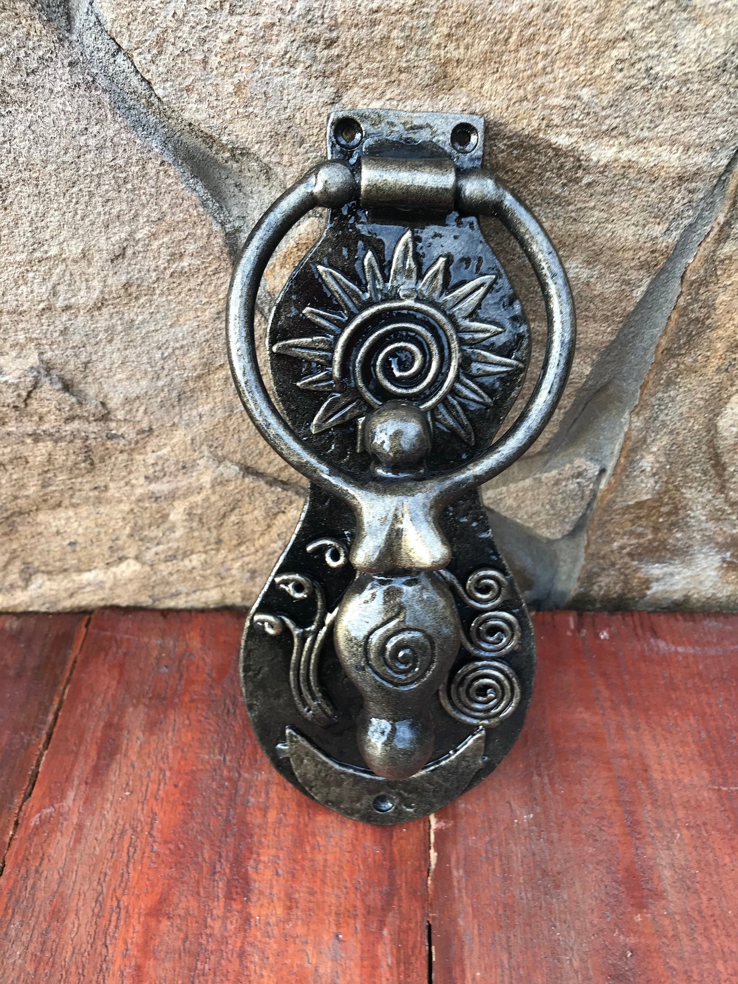 Door knocker, fertility goddess, sun, moon, grass, water, wiccan sun, Goddess charm, spiral goddess, wicca art, mystical gift,spiritual work