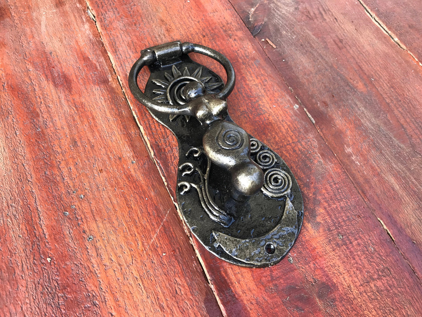 Door knocker, fertility goddess, sun, moon, grass, water, wiccan sun, Goddess charm, spiral goddess, wicca art, mystical gift,spiritual work