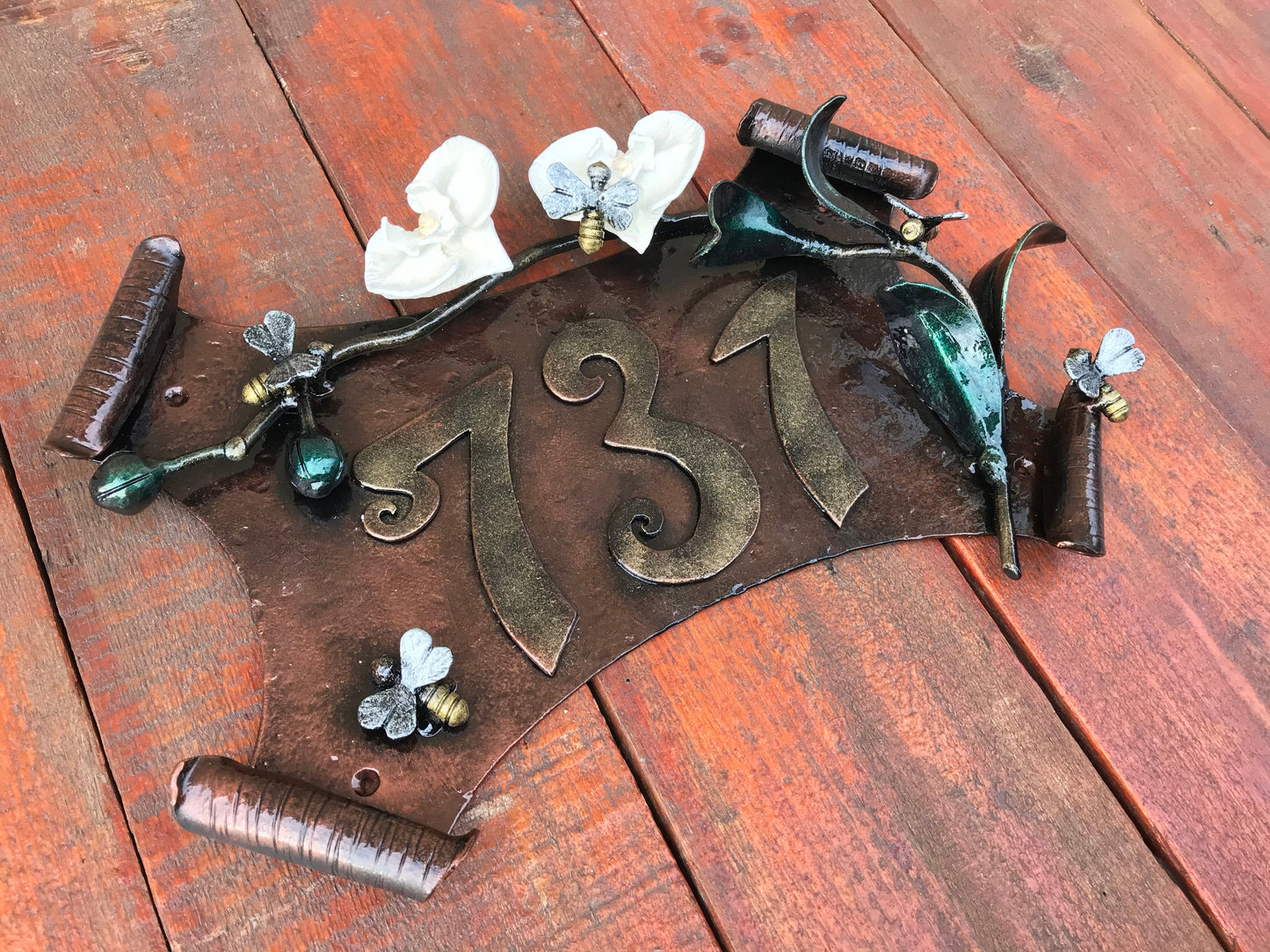 House number plaque, house number sign, hand forged plaque, hand forged sign, house numbers, new home gift, orchid, bee, gift for grandma