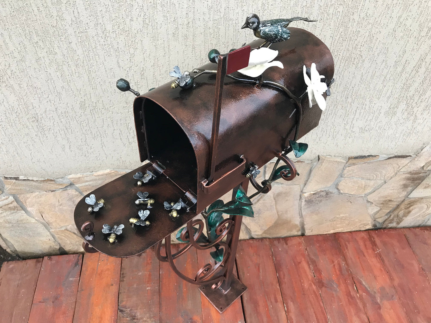 Mail box, mailbox, orchid, bee, bird, hand forged mailbox, floral decor, fairy garden, wedding gift, mail box post, post box, gift for mom