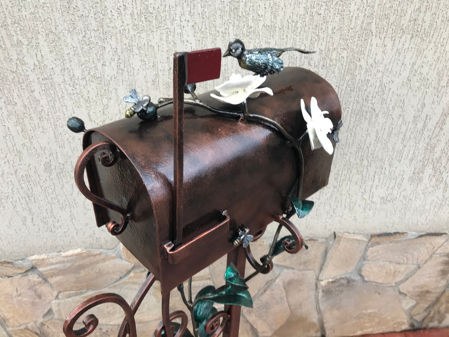 Mail box, mailbox, orchid, bee, bird, hand forged mailbox, floral decor, fairy garden, wedding gift, mail box post, post box, gift for mom