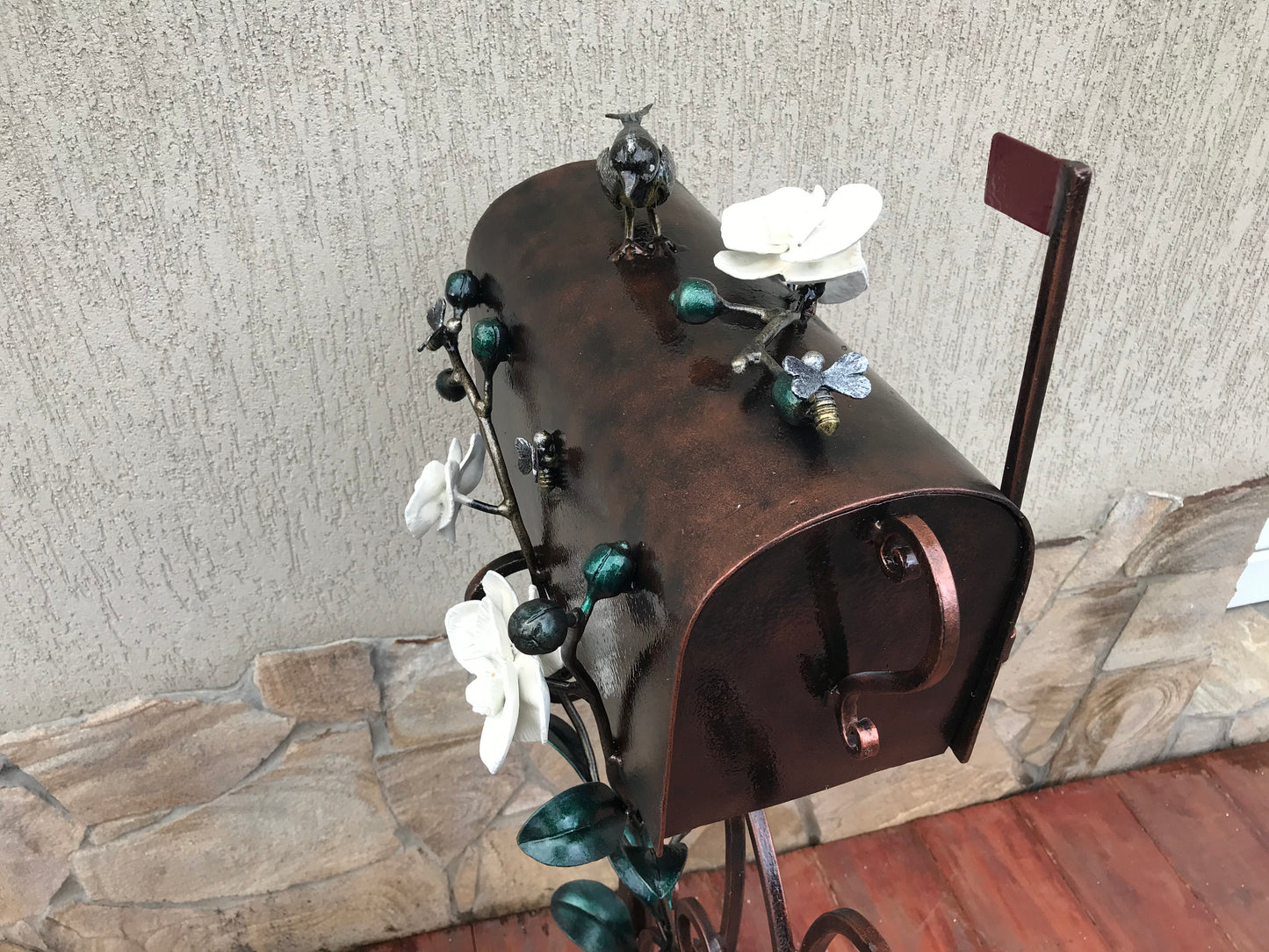 Mail box, mailbox, orchid, bee, bird, hand forged mailbox, floral decor, fairy garden, wedding gift, mail box post, post box, gift for mom