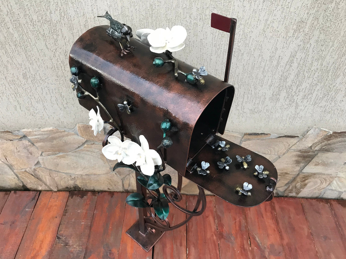 Mail box, mailbox, orchid, bee, bird, hand forged mailbox, floral decor, fairy garden, wedding gift, mail box post, post box, gift for mom