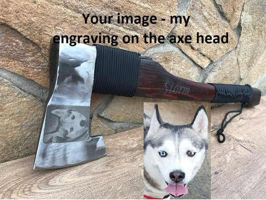 Engraved photo, pet, photo engraving, photo on wood, picture on wood, picture engraving, customized axe, personalized axe, viking axe, axe