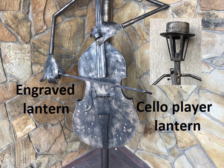 Sconce, lantern, hand forged lamp, cello, yard lamp, music gift, garden lantern, garden decor, garden sculpture, porch decor, yard lantern