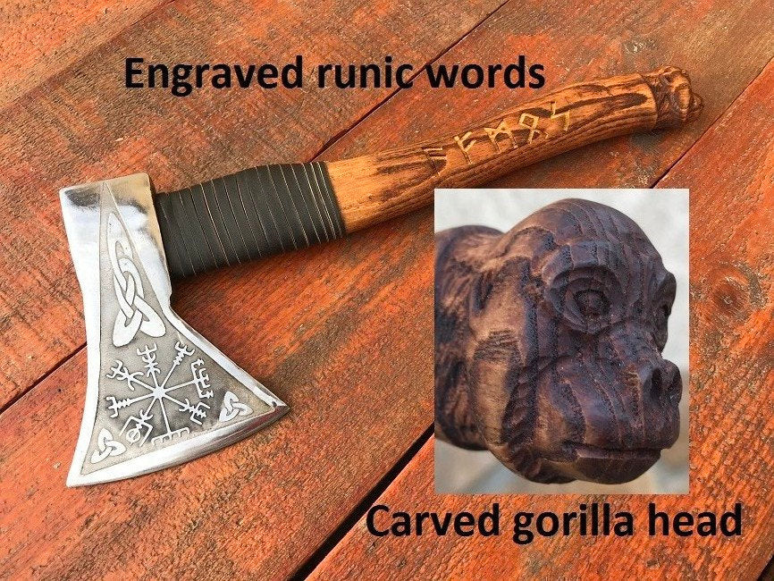 Viking hatchet, carved animal, viking axe, animal gift, mens gifts, vegvisir, gorilla, wedding, mens gift, viking compass, groomsmen gift