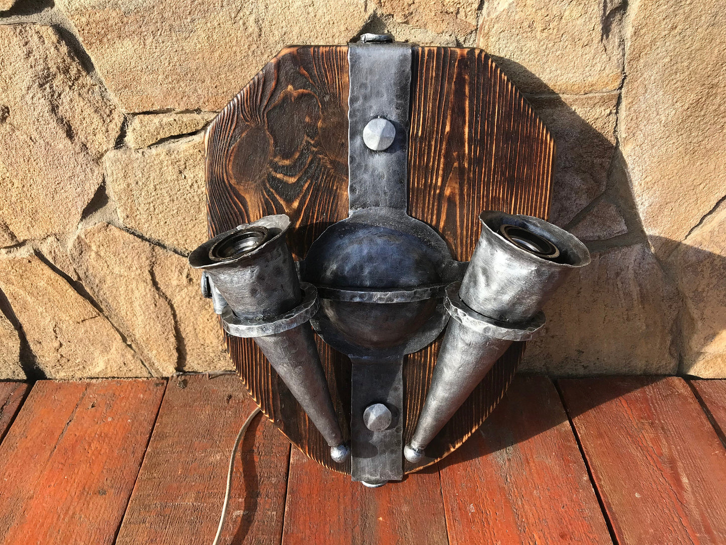 Wall sconce, medieval, midcentury, prehistoric, cave, castle, viking, rustic, porch lantern, shield, medieval gift, cave wall art, torch