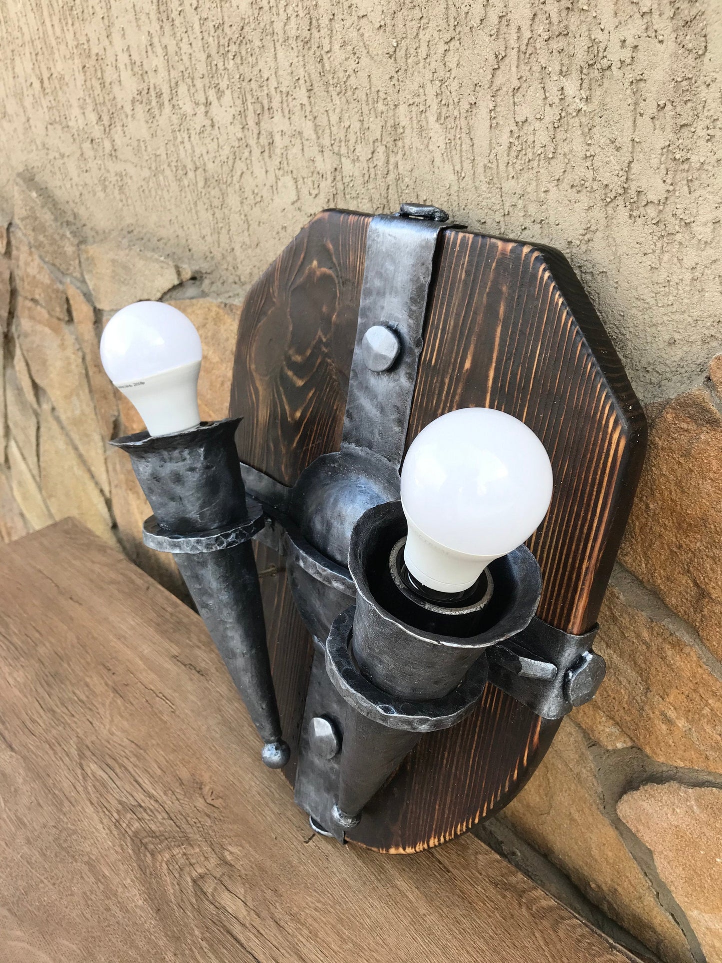Wall sconce, medieval, midcentury, prehistoric, cave, castle, viking, rustic, porch lantern, shield, medieval gift, cave wall art, torch
