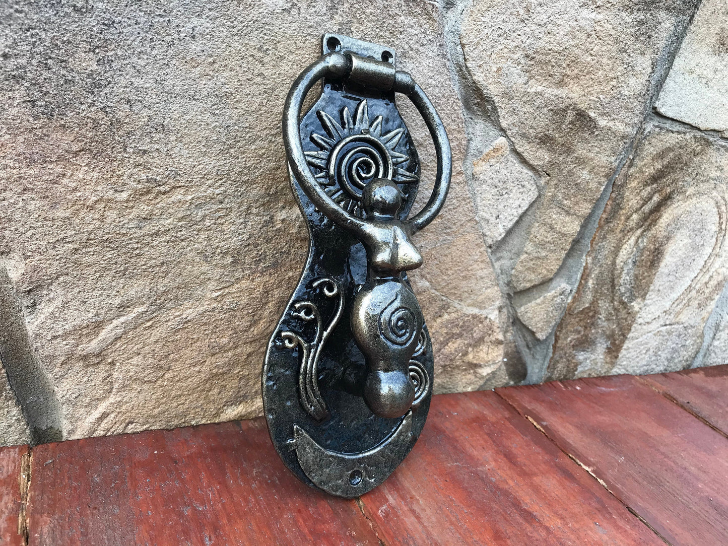 Door knocker, fertility goddess, sun, moon, grass, water, wiccan sun, Goddess charm, spiral goddess, wicca art, mystical gift,spiritual work