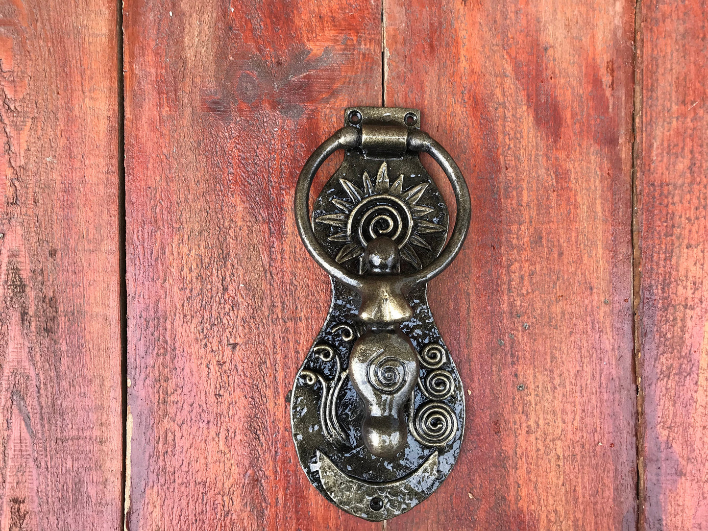 Door knocker, fertility goddess, sun, moon, grass, water, wiccan sun, Goddess charm, spiral goddess, wicca art, mystical gift,spiritual work