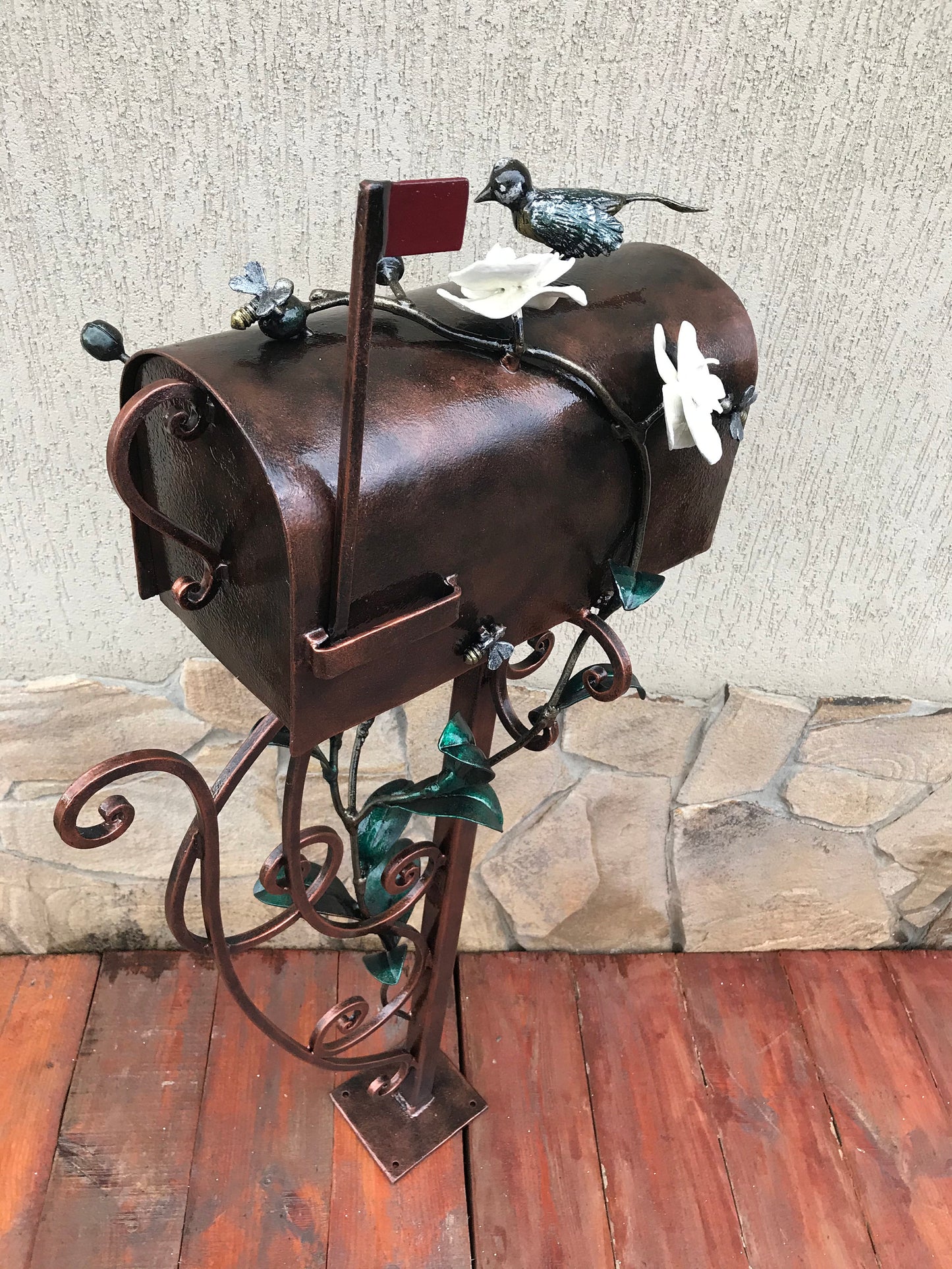 Mail box, mailbox, orchid, bee, bird, hand forged mailbox, floral decor, fairy garden, wedding gift, mail box post, post box, gift for mom