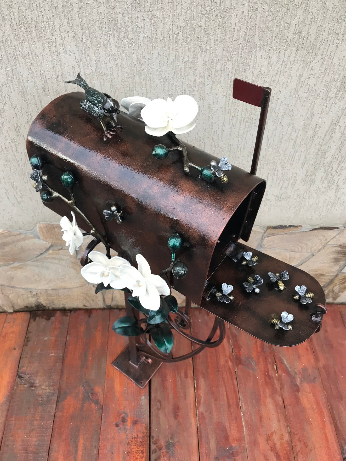 Mail box, mailbox, orchid, bee, bird, hand forged mailbox, floral decor, fairy garden, wedding gift, mail box post, post box, gift for mom