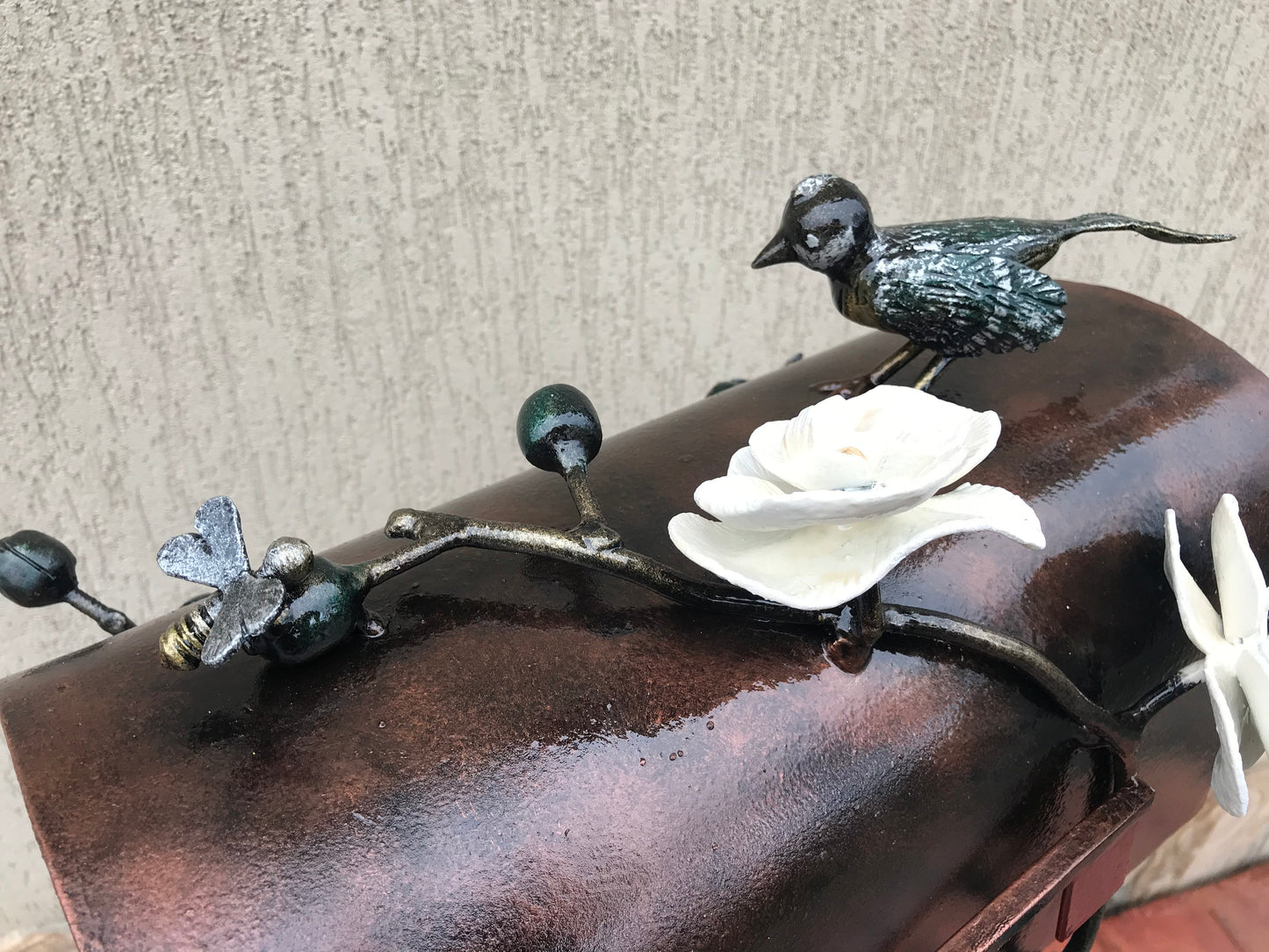 Mail box, mailbox, orchid, bee, bird, hand forged mailbox, floral decor, fairy garden, wedding gift, mail box post, post box, gift for mom