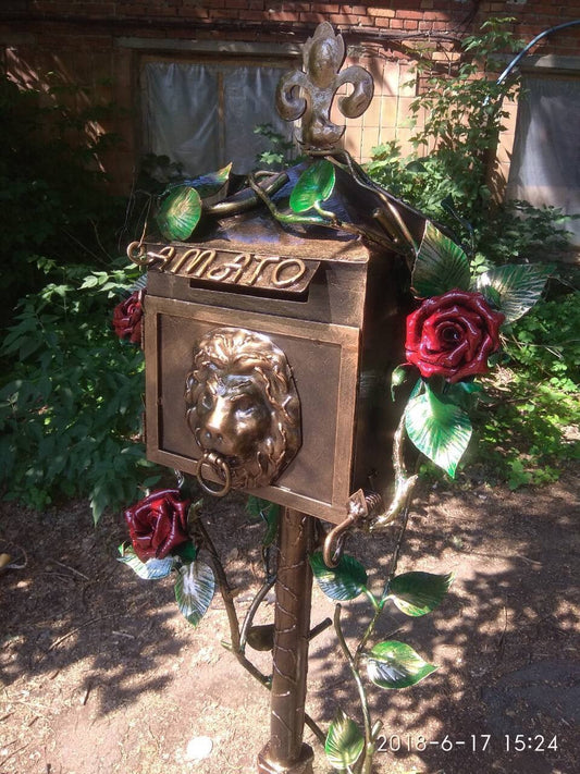 Mail box, locking box, mailbox post, mailbox, post box, letter box, lock box, metal rose,iron lion,6th anniversary,iron anniversary,yard art